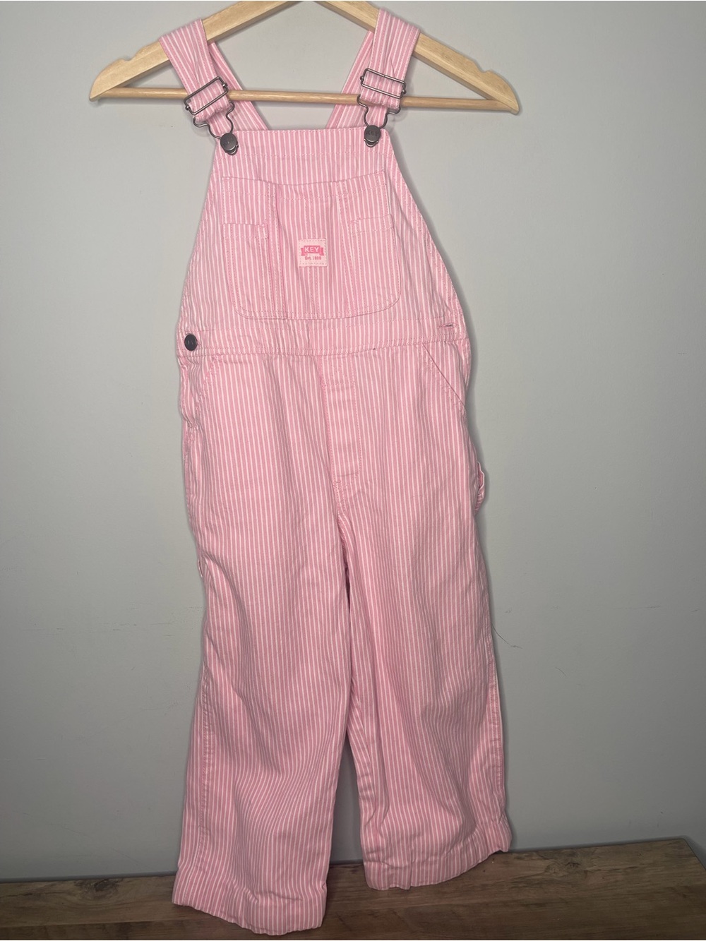 Girls size 7 KEY Pink Striped Kids Overalls romper bibs